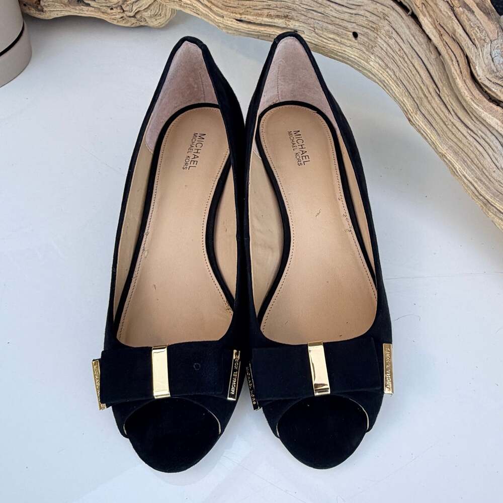 MICHAEL Michael Kors Black Suede Open Peep Toe Bow Wedge Heels 9